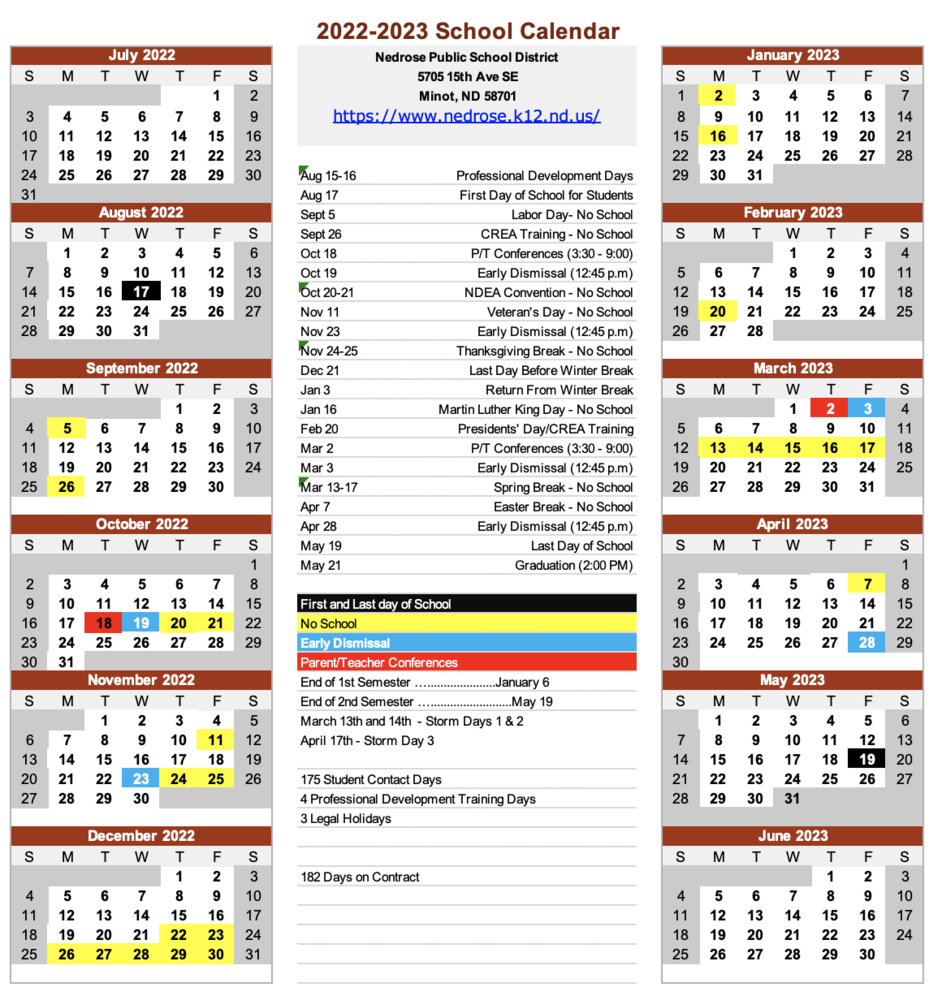 2022-2023 School Calendar | Nedrose Public School
